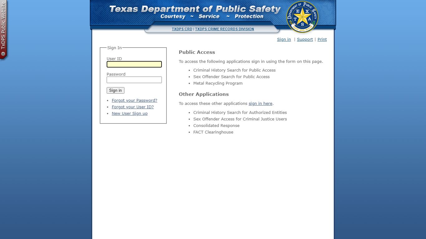 Sign In | TxDPS Crime Records Division - Texas